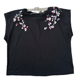 Black Boxy Blouse with Floral Embellishments